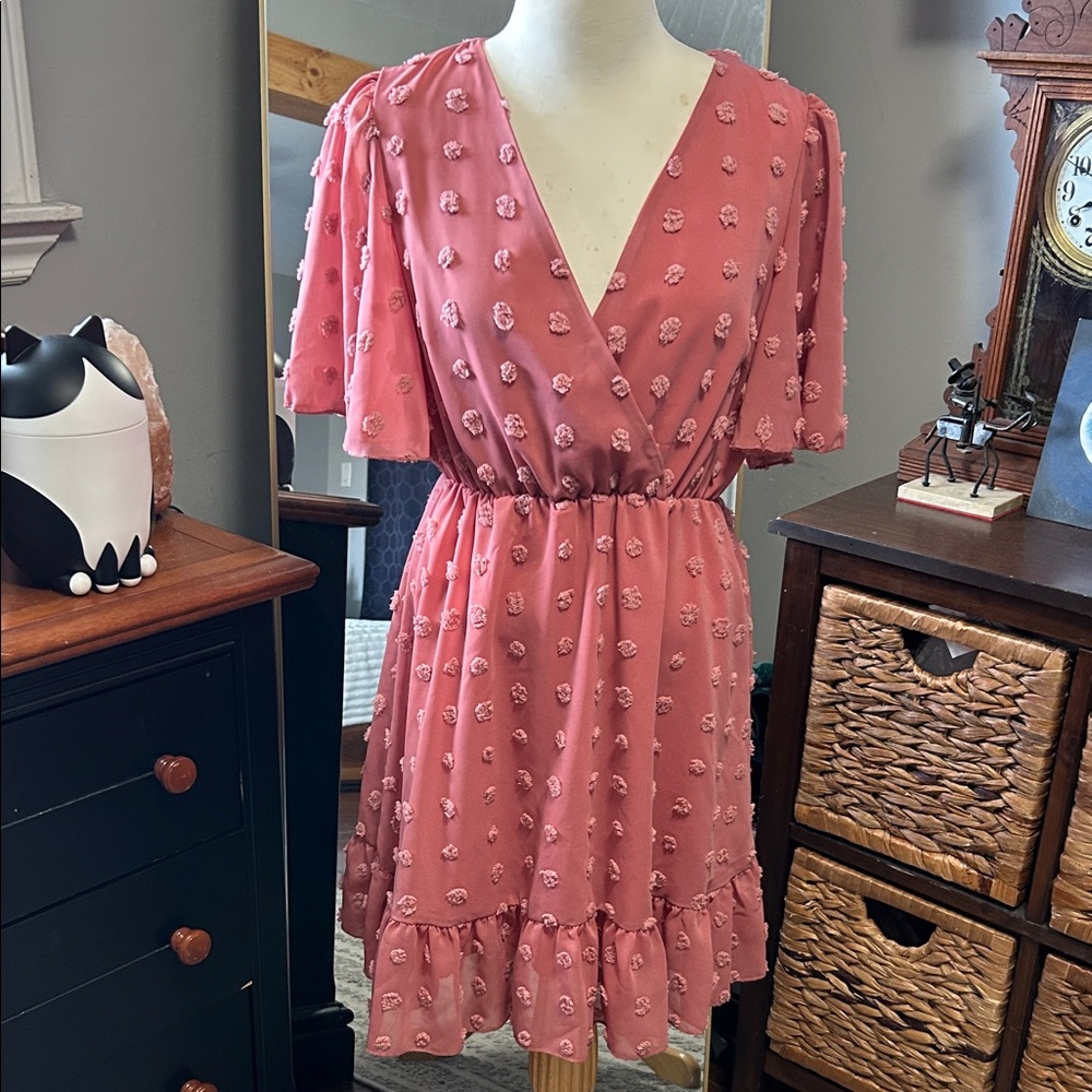 Dusty Rose Swiss Dot Ruffle Dress Size Small
